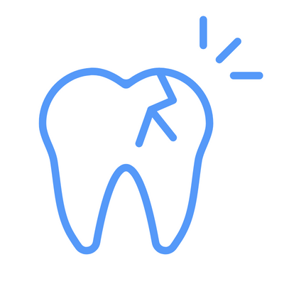 A blue line drawing of a broken tooth on a white background.