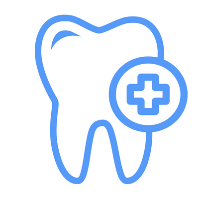 A blue tooth with a medical cross in a circle.