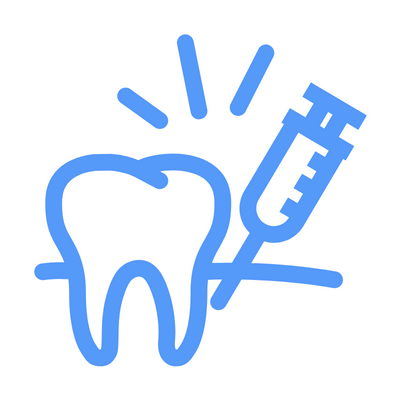 A blue icon of a tooth with a syringe attached to it.