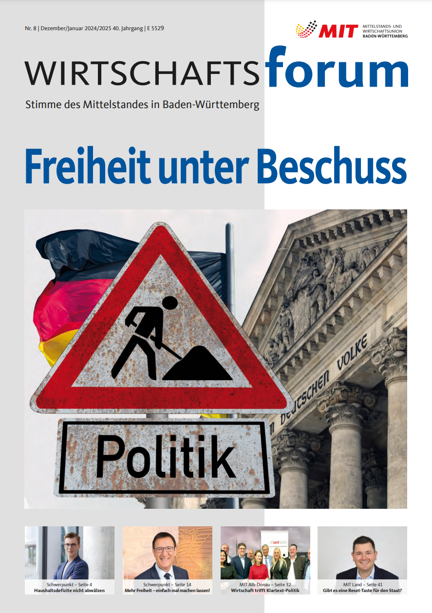 The cover of the wirtschaftsforum magazine shows a construction sign and a building.