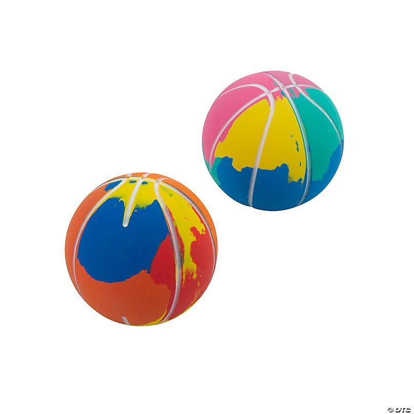 Two colorful rubber basketballs on a white background