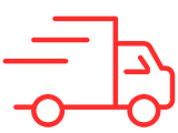 A red line drawing of a delivery truck on a white background.