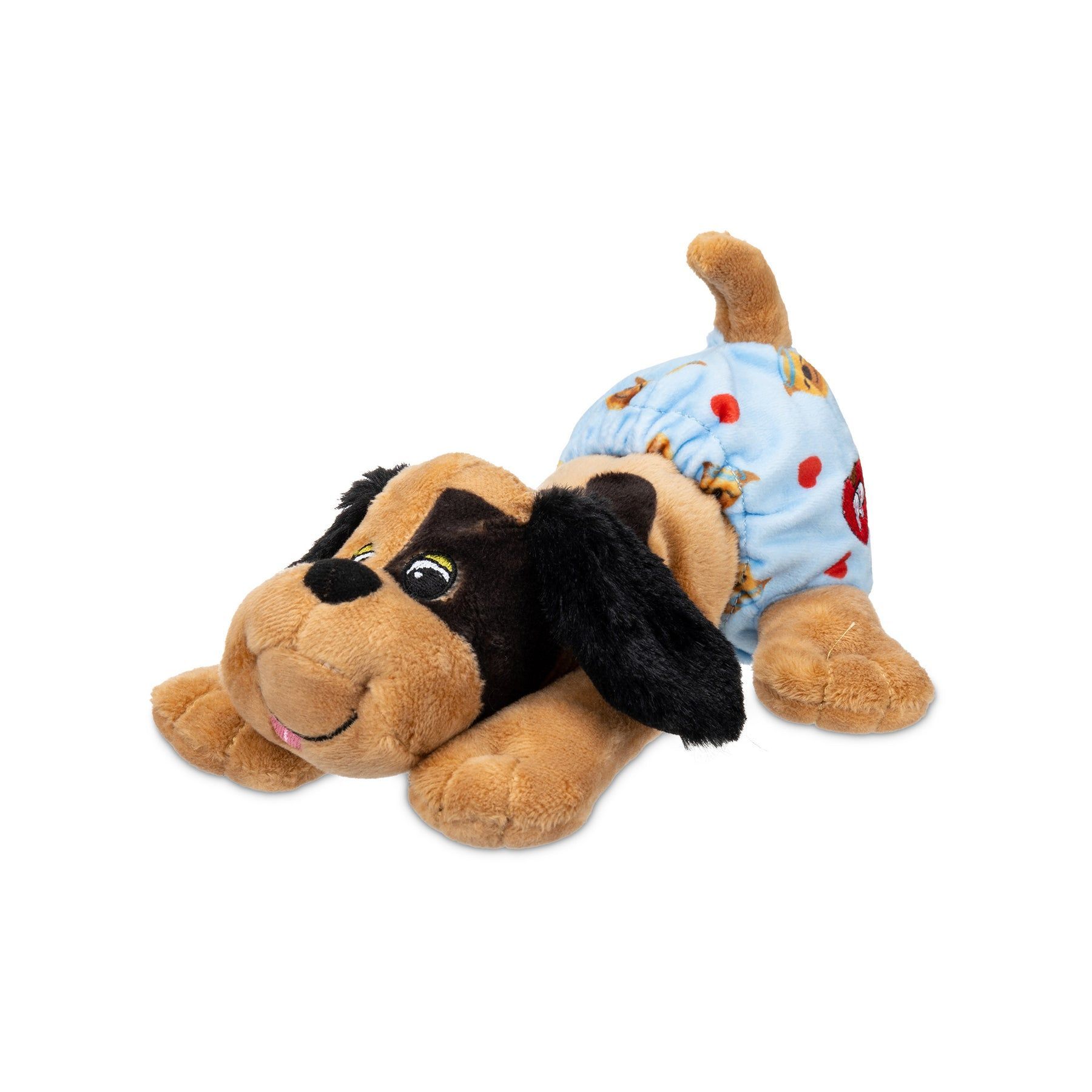 A brown and black stuffed dog wearing a blue diaper