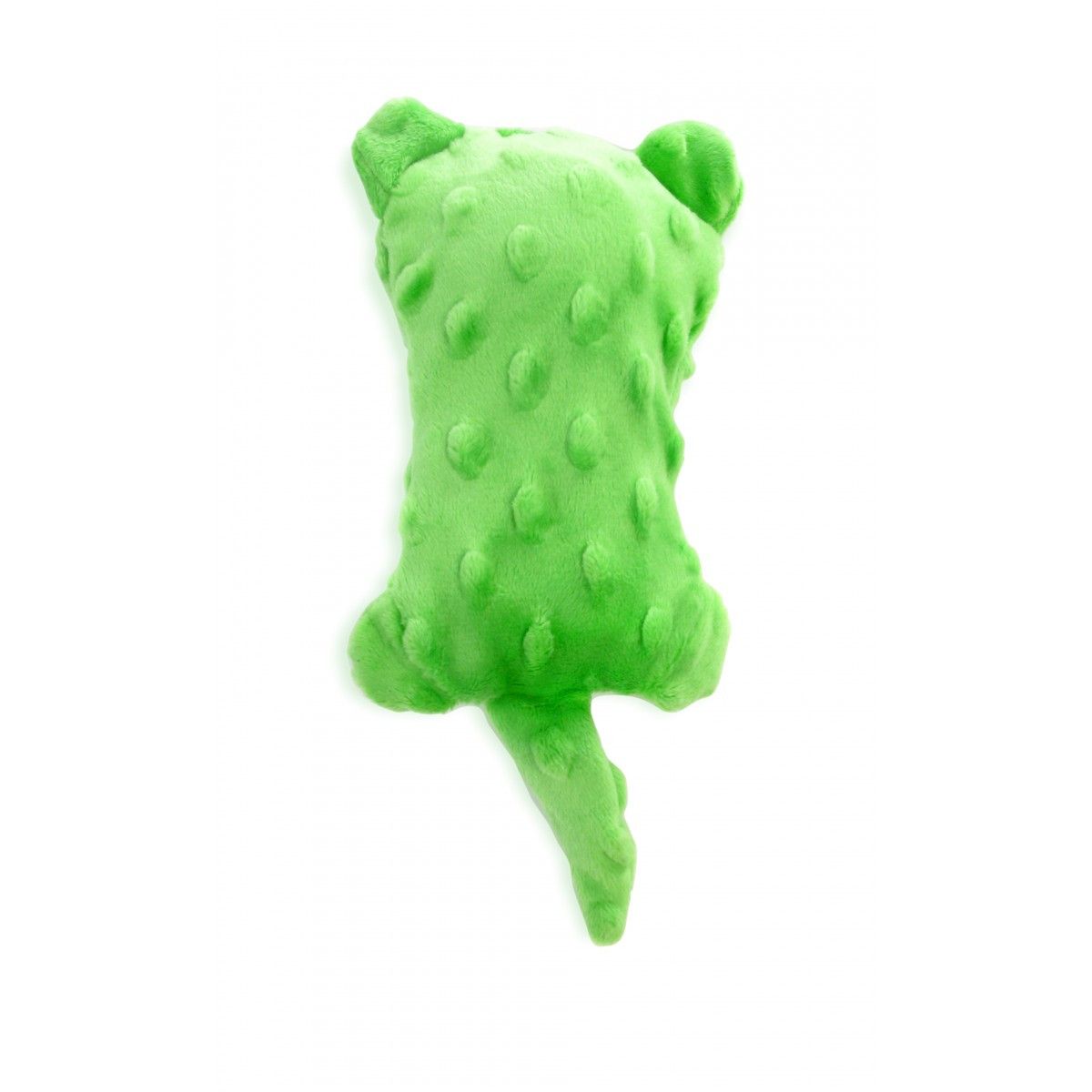 A green stuffed animal with a tail on a white background.