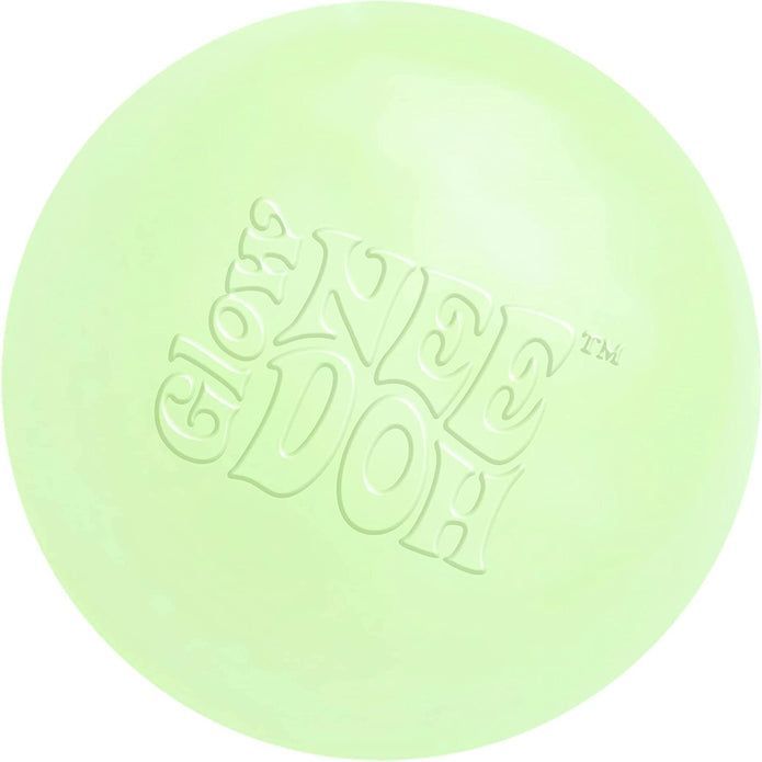 A green glow in the dark ball with the words `` glow in the dark '' written on it.