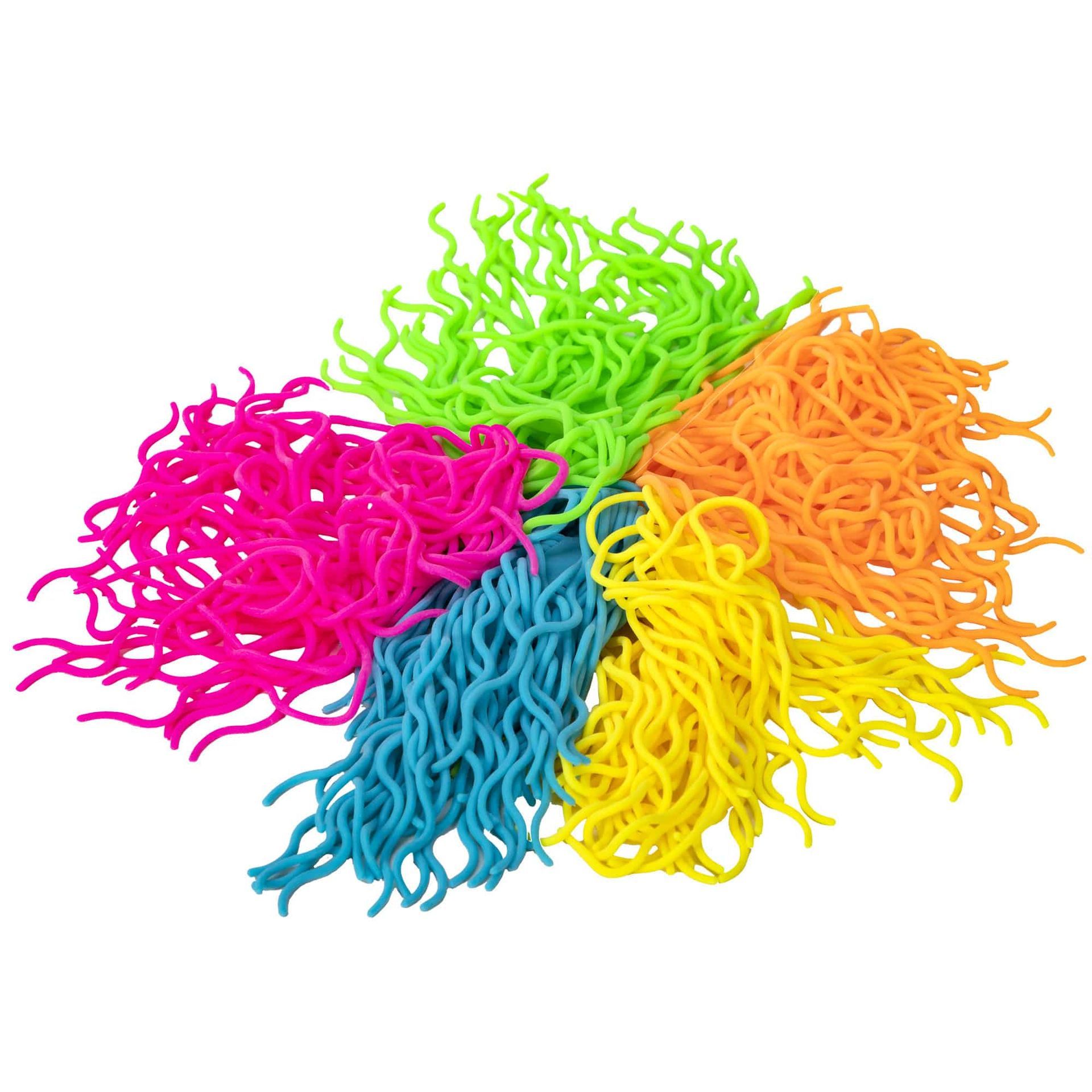 A bunch of colorful noodles on a white background