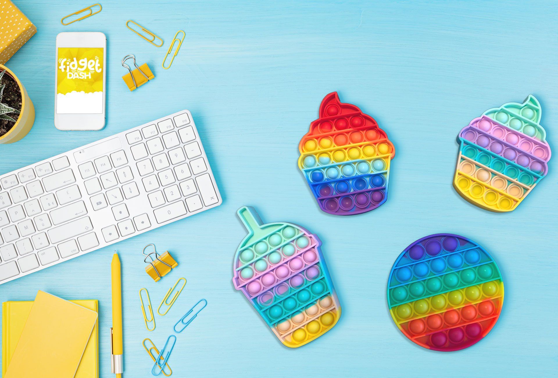 There are many different types of pop it toys on the table.