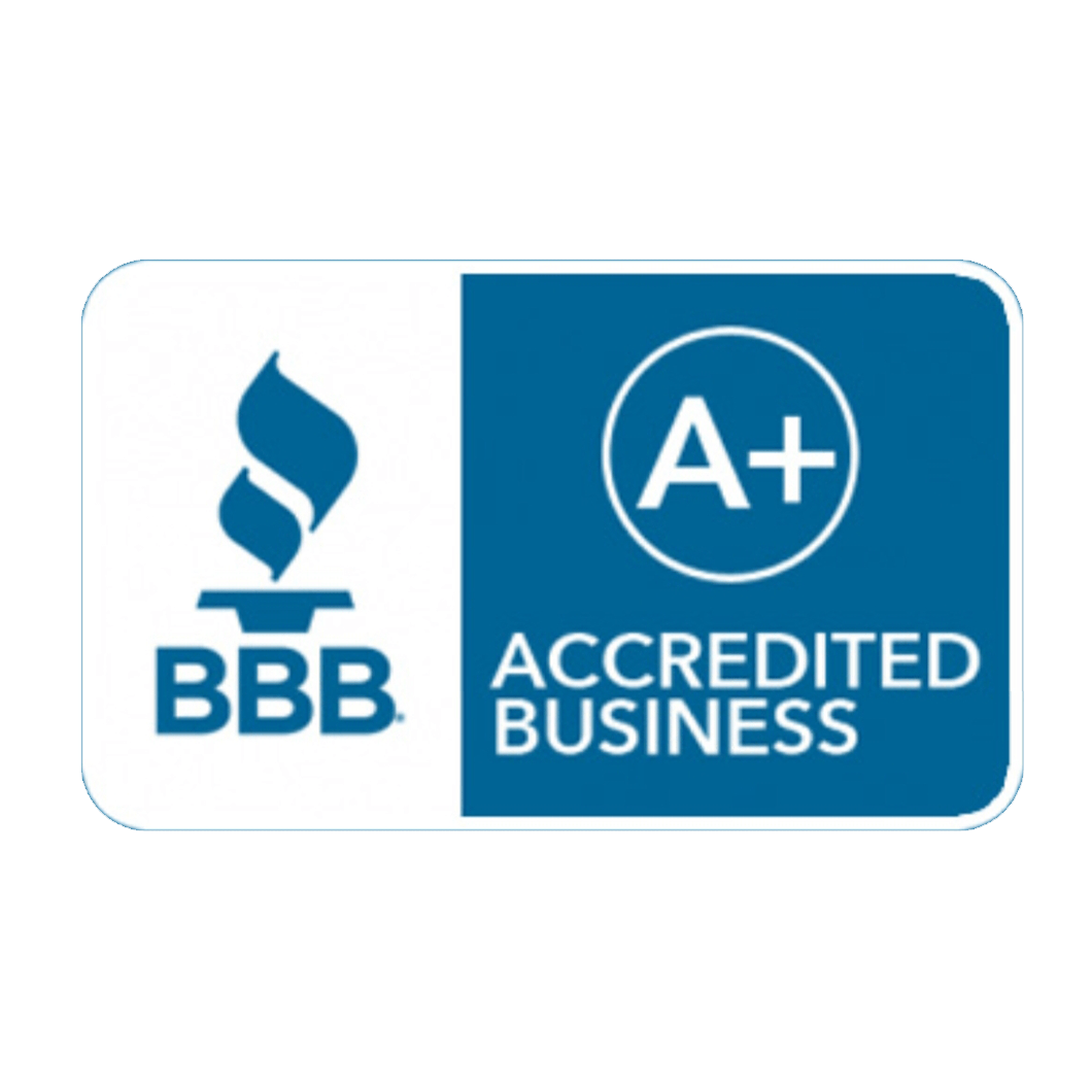 A blue and white sign that says bbb accredited business