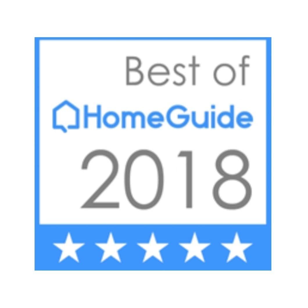 A blue and white logo that says best of homeguide 2018