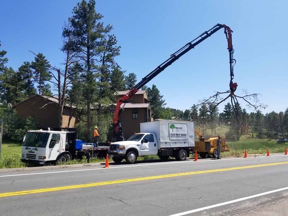 A truck with a crane attached to it is parked on the side of the road.