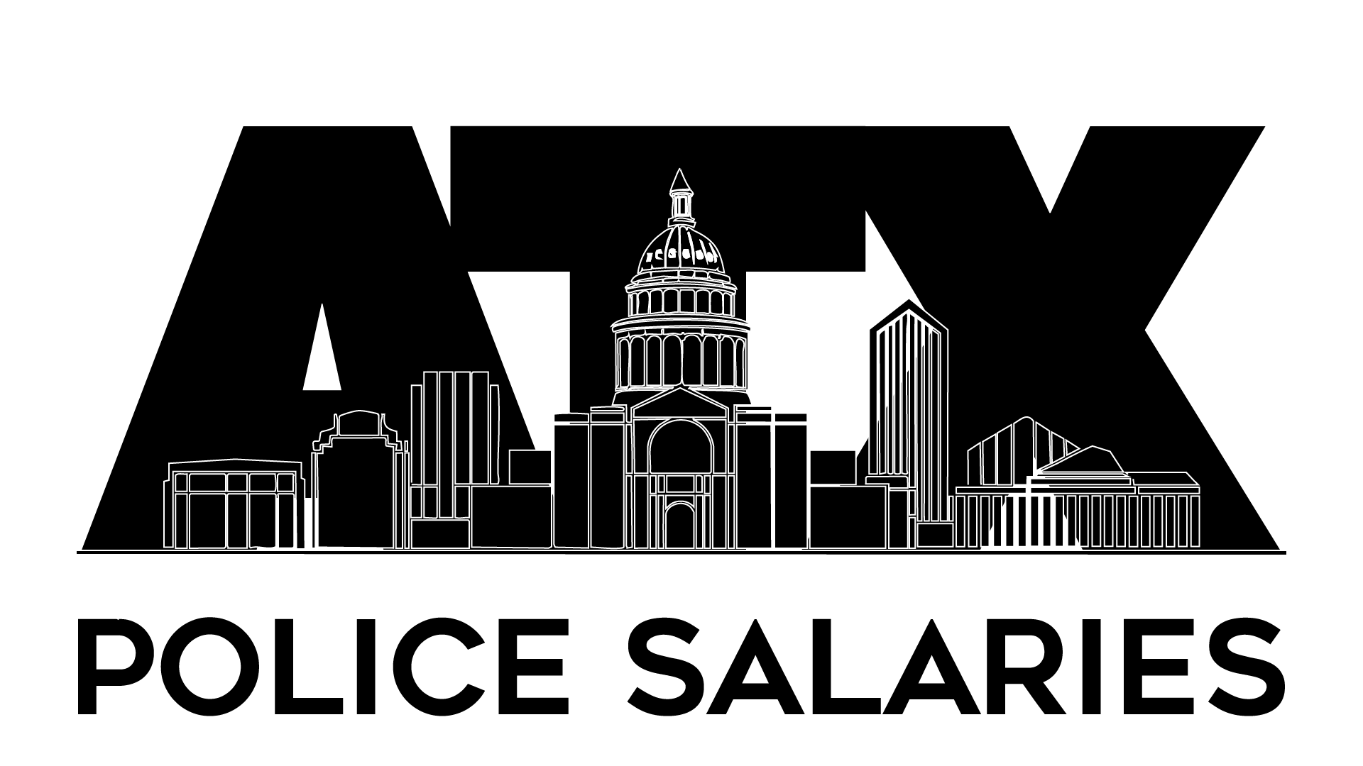 A black and white logo for police salaries with a city skyline.