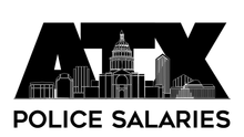 A black and white logo for police salaries with a city skyline.