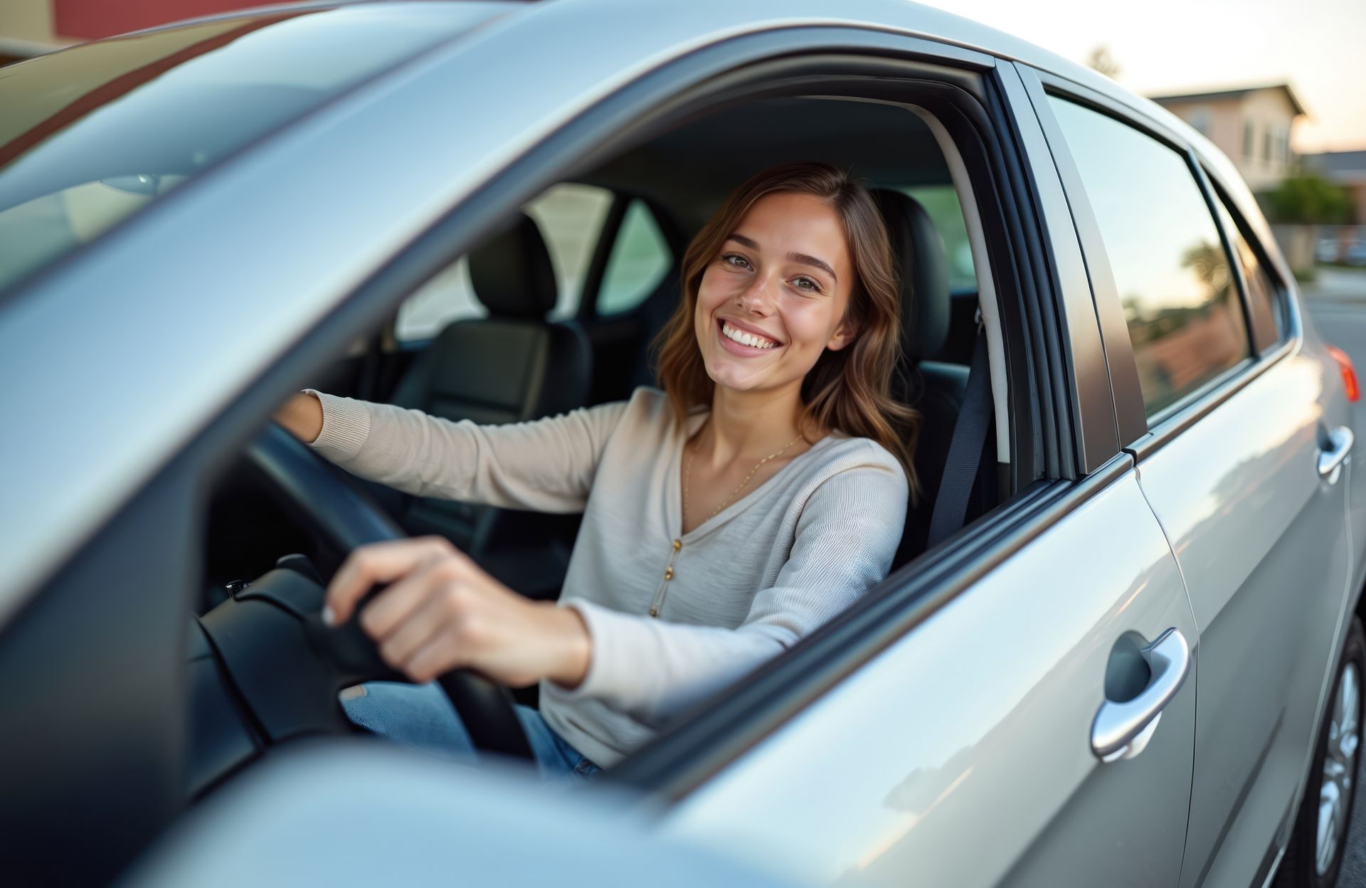 Lachende jonge vrouw rijdt in een zilveren auto en kijkt vooruit.