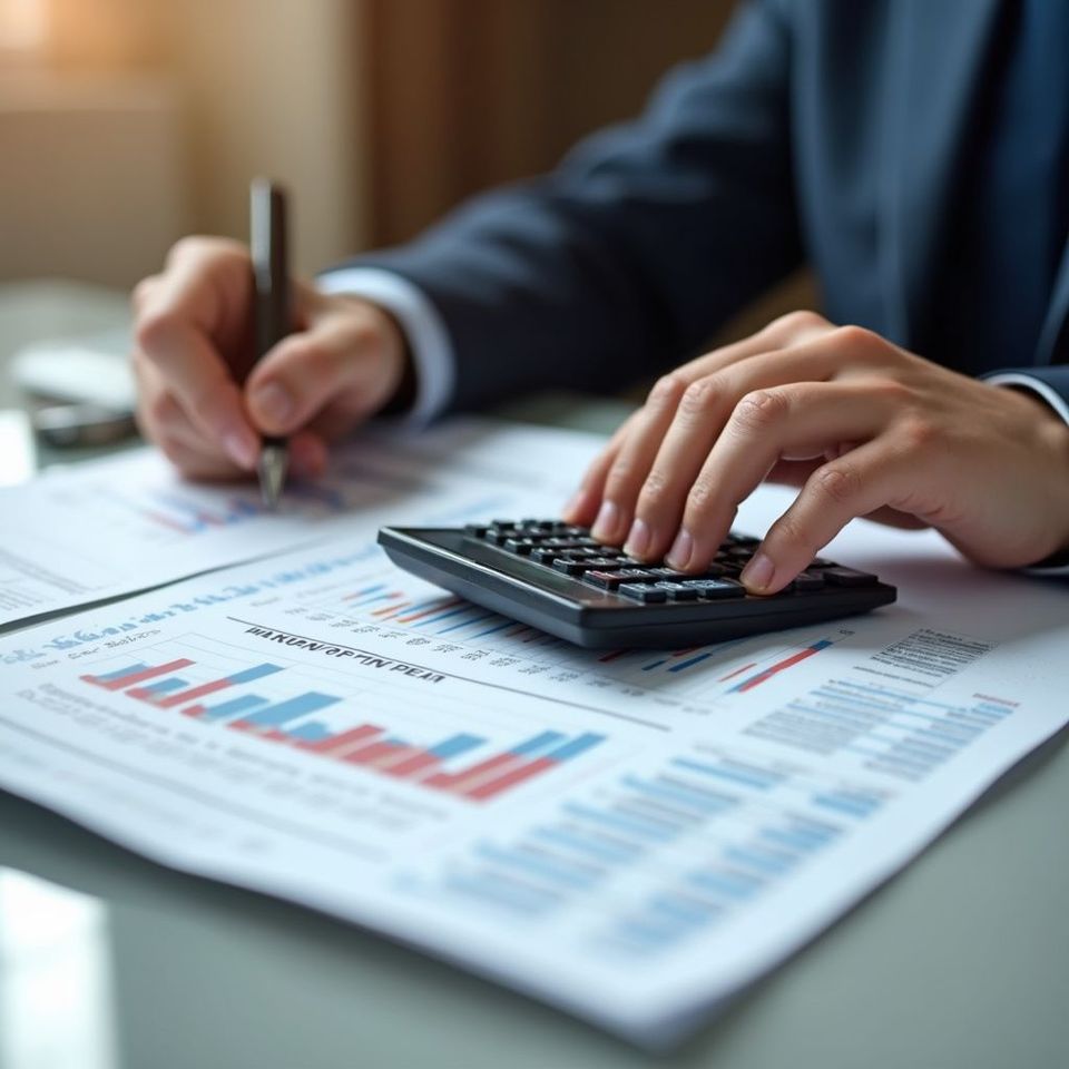 Persona in giacca e cravatta che calcola dati finanziari con una calcolatrice e una penna.