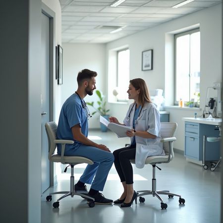 Due professionisti sanitari nel corridoio di un ospedale discutono di un documento.