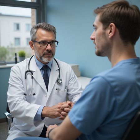 Un medico tiene la mano di un paziente, mentre lo consulta in uno studio medico. Entrambi sono seri, con il medico in camice bianco.