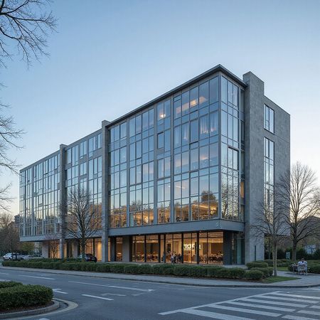 Moderno edificio per uffici in vetro e cemento con ampie finestre e vista sulla strada.