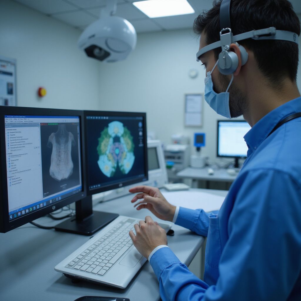 Uomo in camice, con cuffie e mascherina, che lavora al computer visualizzando scansioni mediche in un laboratorio.