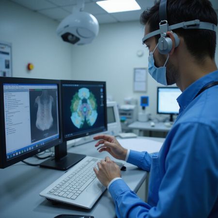 Uomo in camice, con cuffie e mascherina, che lavora al computer visualizzando scansioni mediche in un laboratorio.