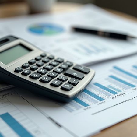 Calcolatrice su documenti finanziari con grafici a barre e penna.