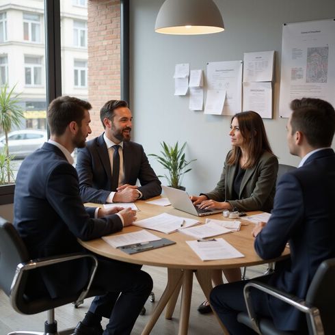 Riunione di lavoro attorno a un tavolo rotondo. Quattro persone in giacca e cravatta, documenti e computer portatile.