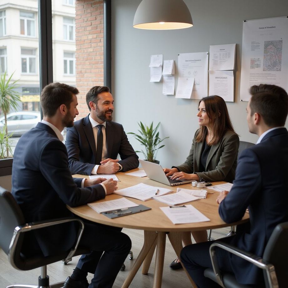 Riunione di lavoro attorno a un tavolo rotondo. Quattro persone in giacca e cravatta, documenti e computer portatile.