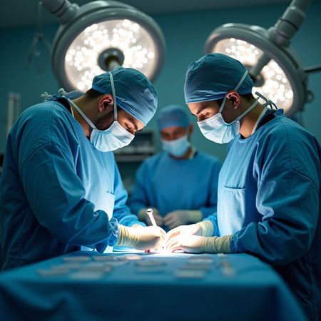 Chirurghi in camice blu operano sotto luci intense in una sala operatoria.