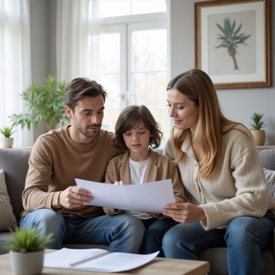 Famiglia che guarda i giornali sul divano del soggiorno; toni neutri, luce naturale.
