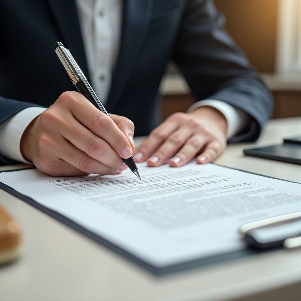 Persona in giacca e cravatta che firma un documento su una scrivania con una penna.