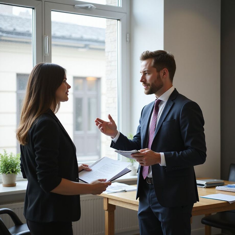 Un uomo e una donna in abiti da lavoro discutono di documenti vicino a una finestra in un ufficio.
