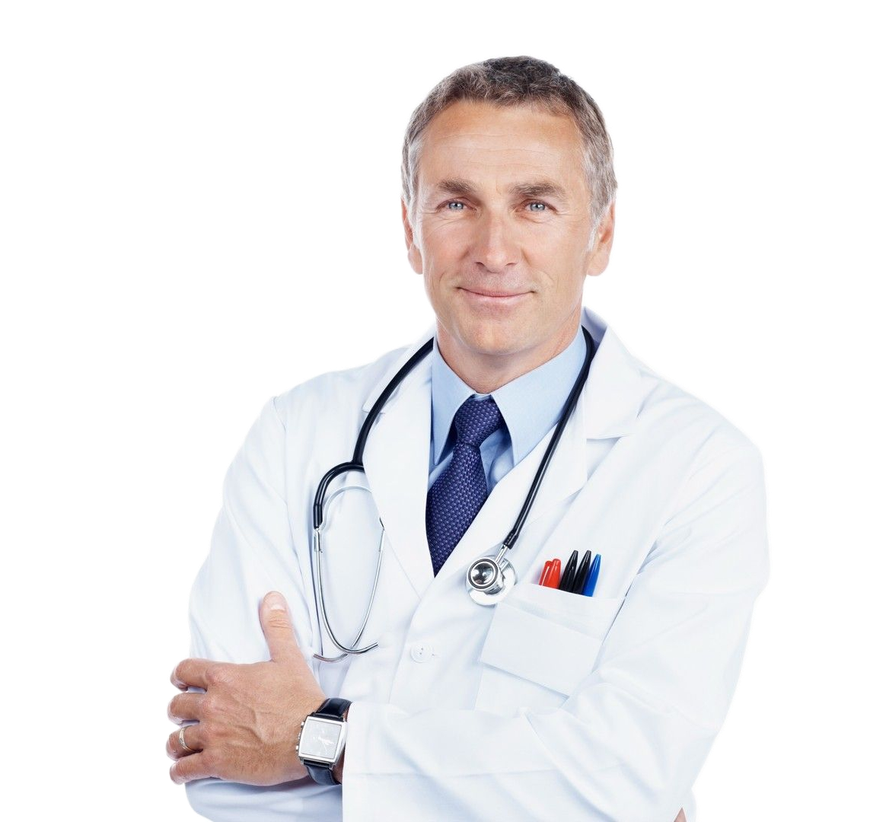 Medico sorridente con stetoscopio e camice bianco, braccia incrociate.