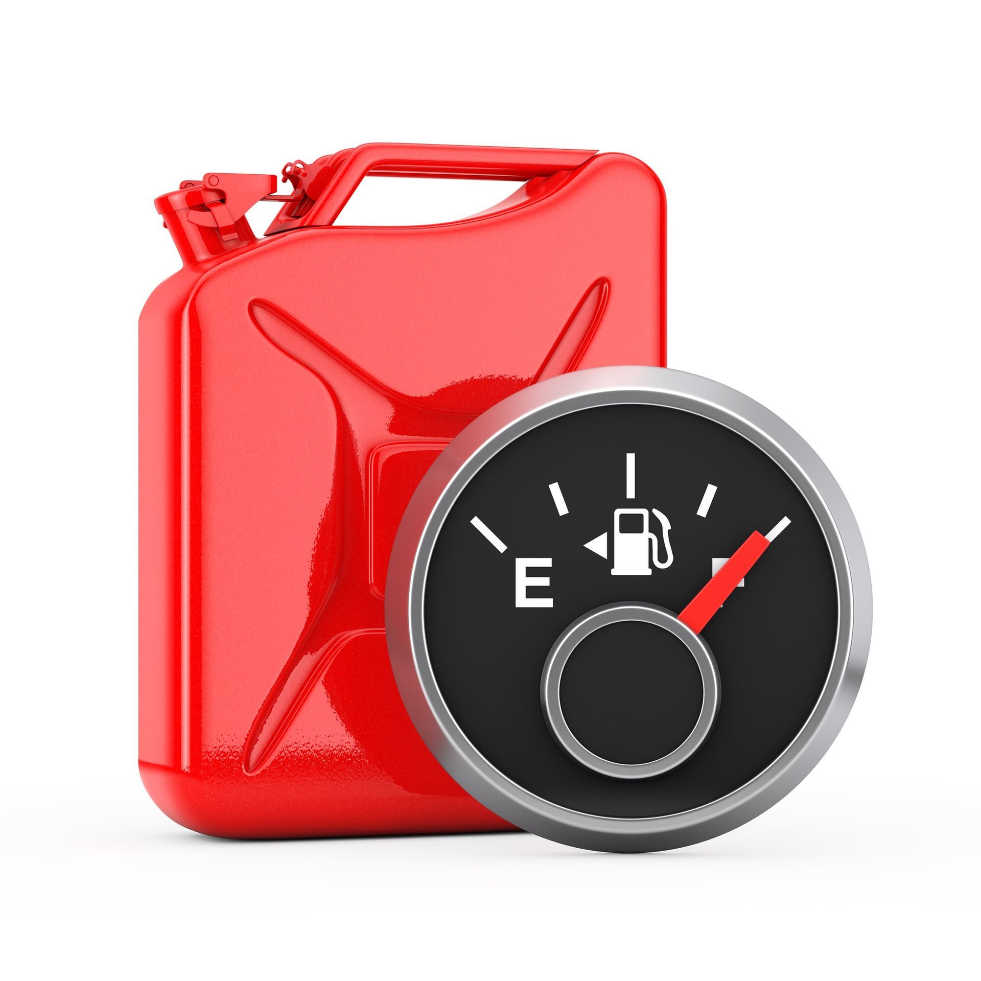 A red gas can next to a black fuel gauge