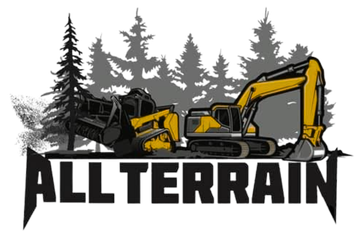 Yellow construction vehicles, trees, and the words "ALL TERRAIN" in a logo.