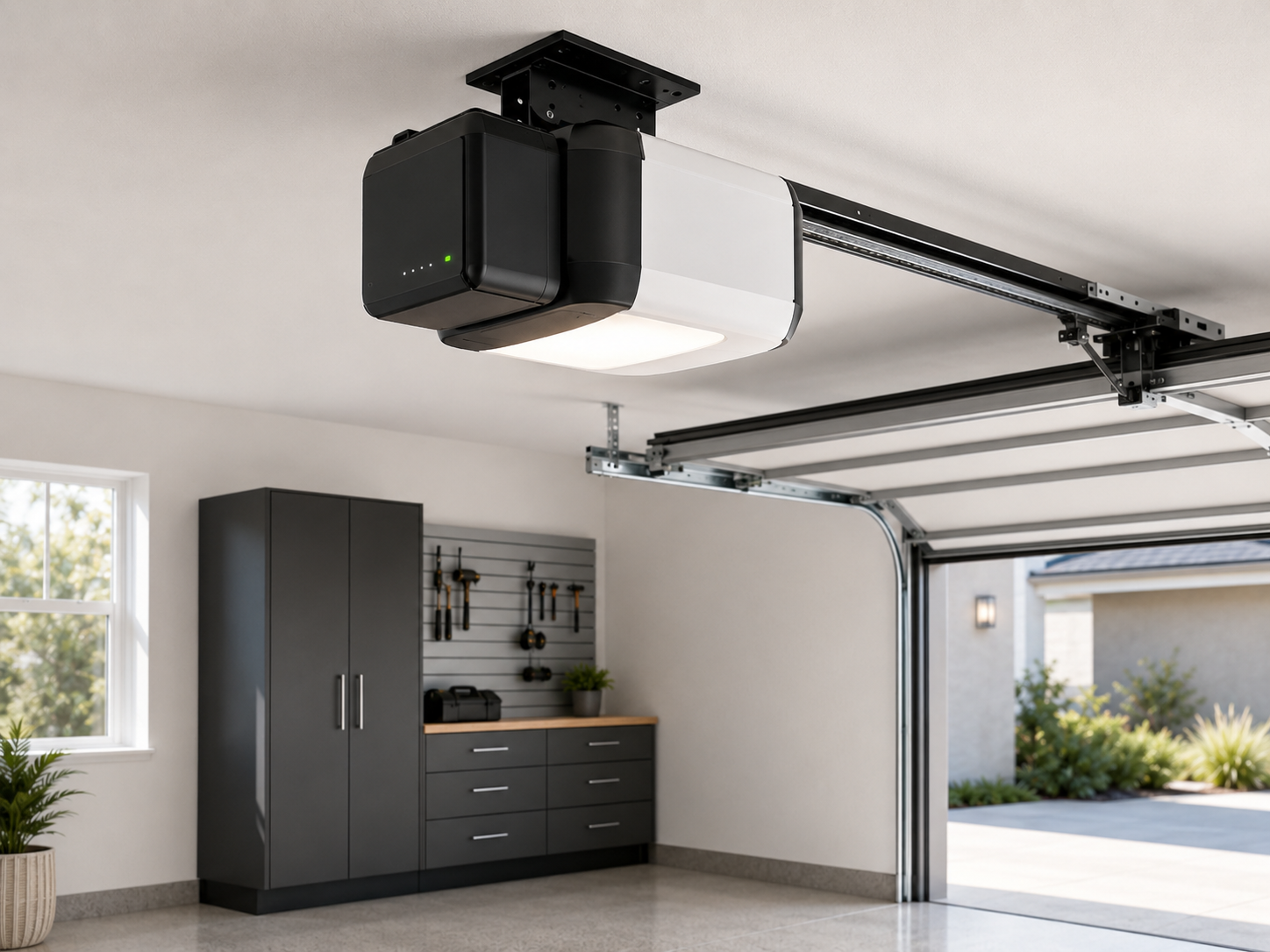 Modern garage with ceiling-mounted storage lift, black cabinets, and an open door to the driveway.
