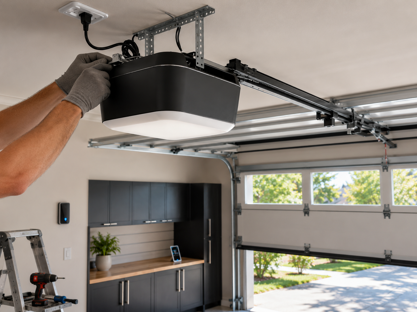 Person adjusting a black garage door opener on the ceiling inside a modern garage.