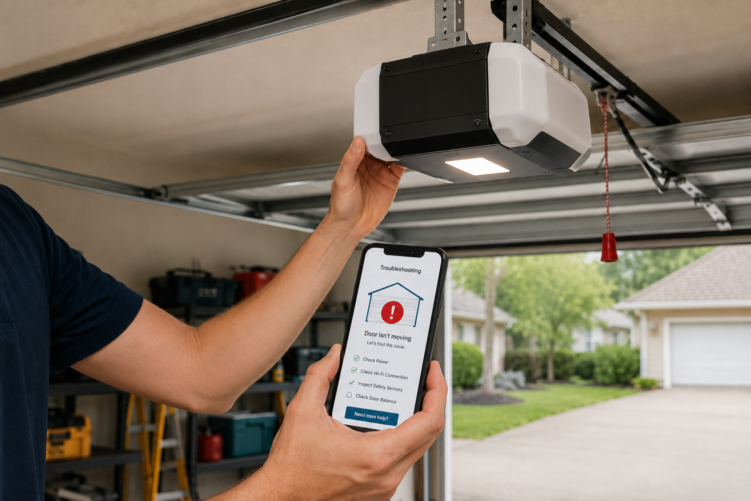 Person using a smartphone to operate a garage door opener mounted on the ceiling