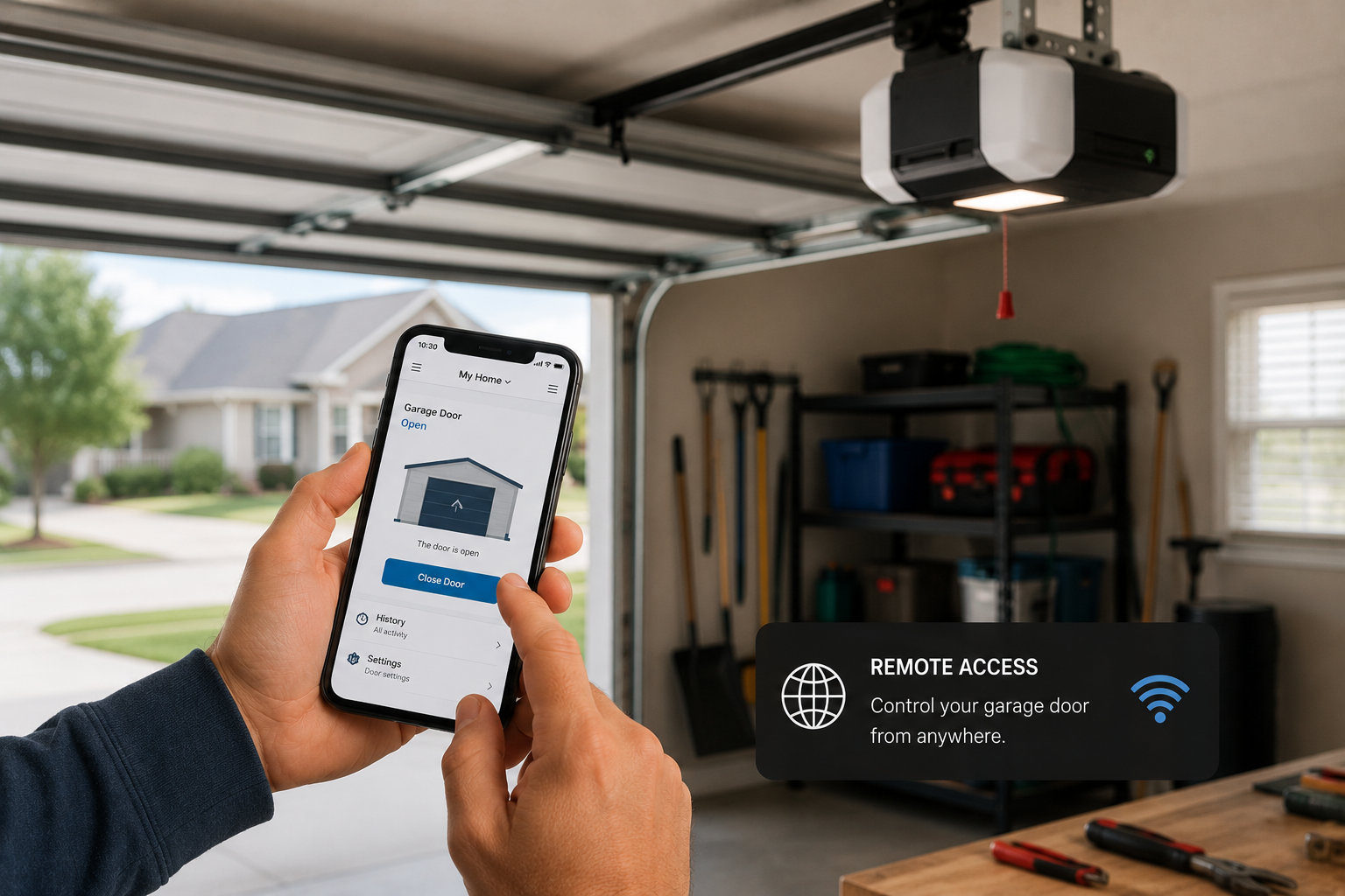 Person using a smartphone to control a garage door opener in a garage