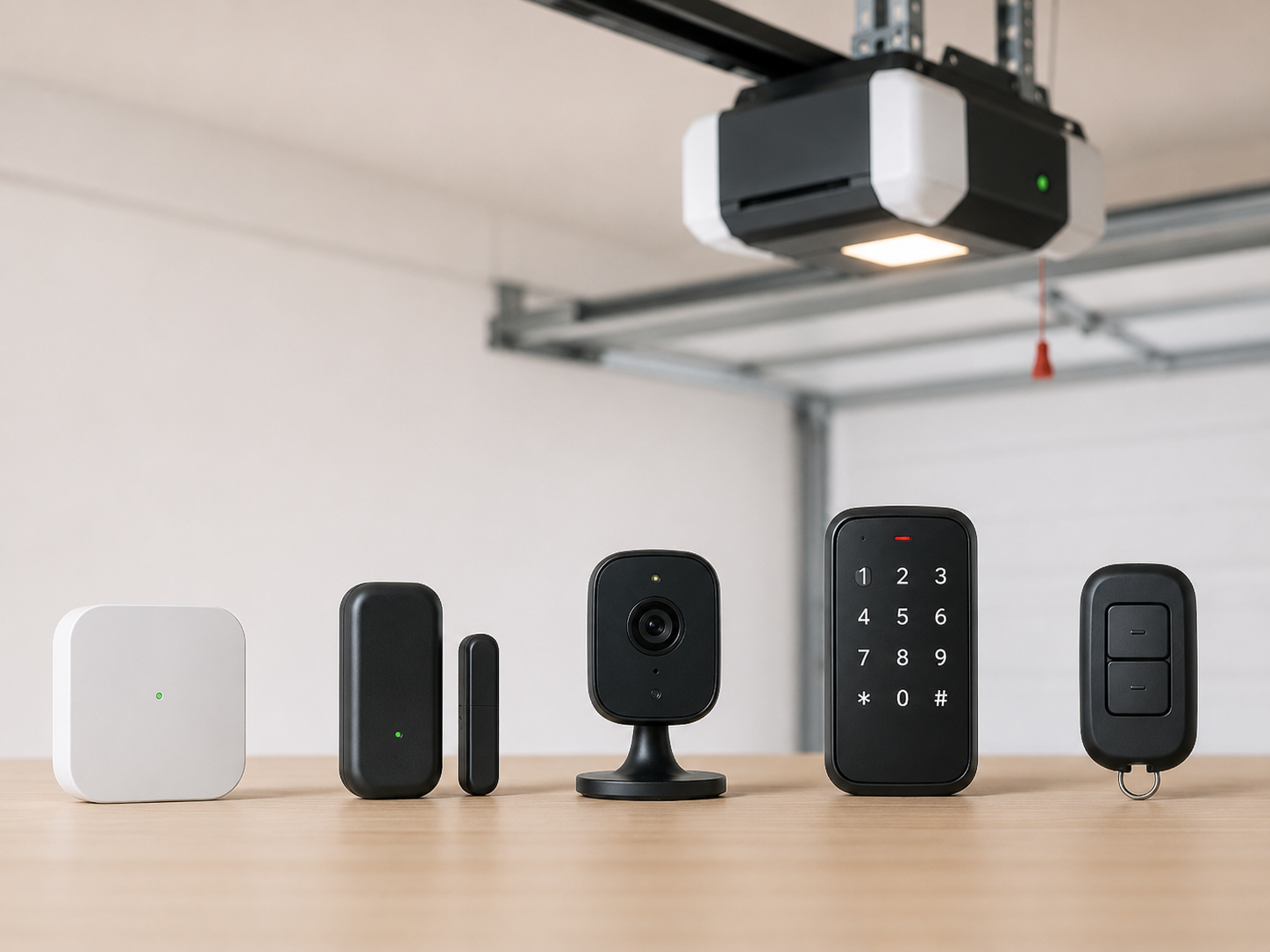 Garage door opener remotes and wall keypads arranged on a shelf under a ceiling-mounted opener