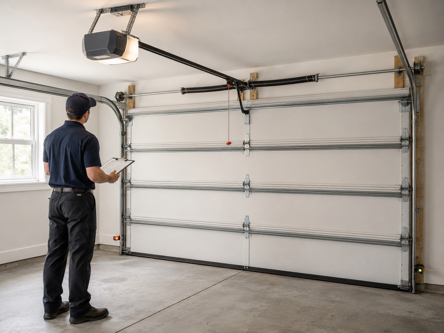 Man standing in a garage operating a large overhead door with a remote control.