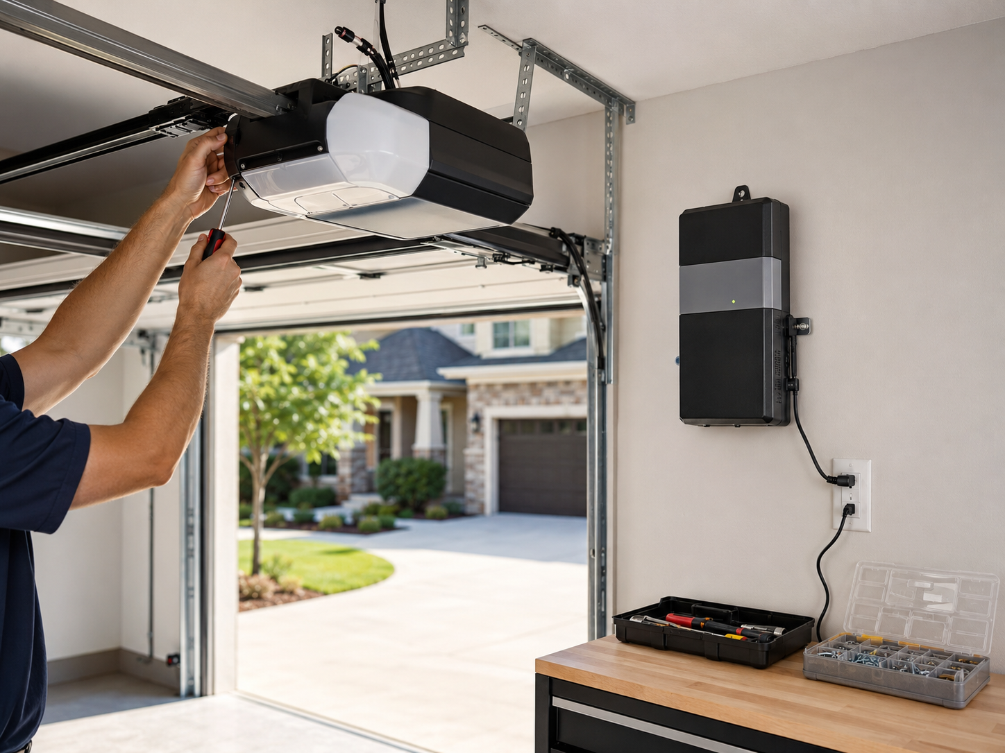 Technician adjusting a garage door opener mounted on the ceiling in a home garage