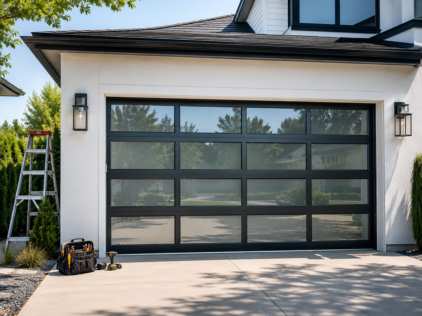 White house exterior with a black-framed garage door and a ladder on the left side