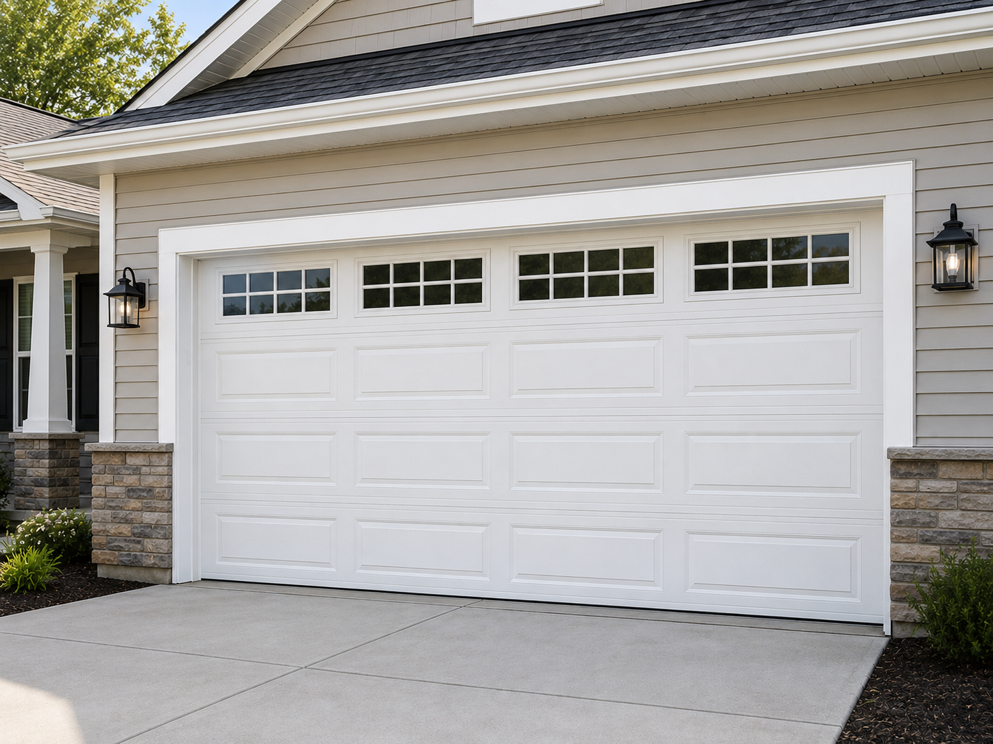 White double garage door on a suburban house with stone accents and a concrete driveway