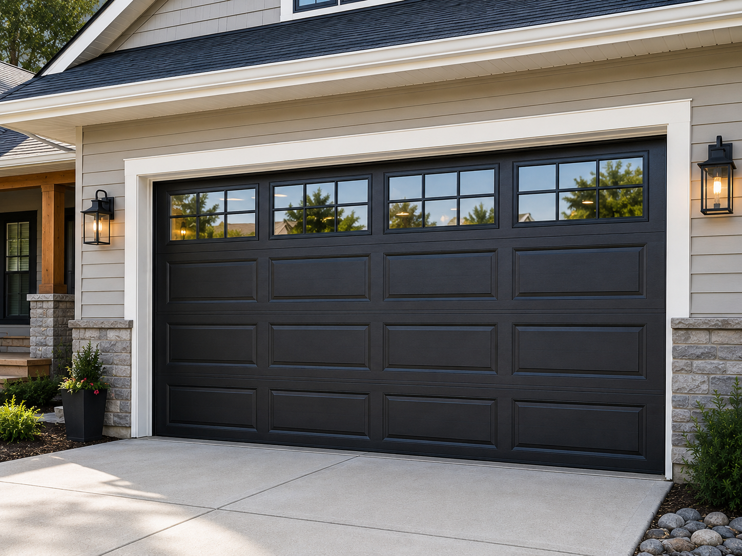 Black three-car garage door on a suburban house with stone trim and two wall lanterns
