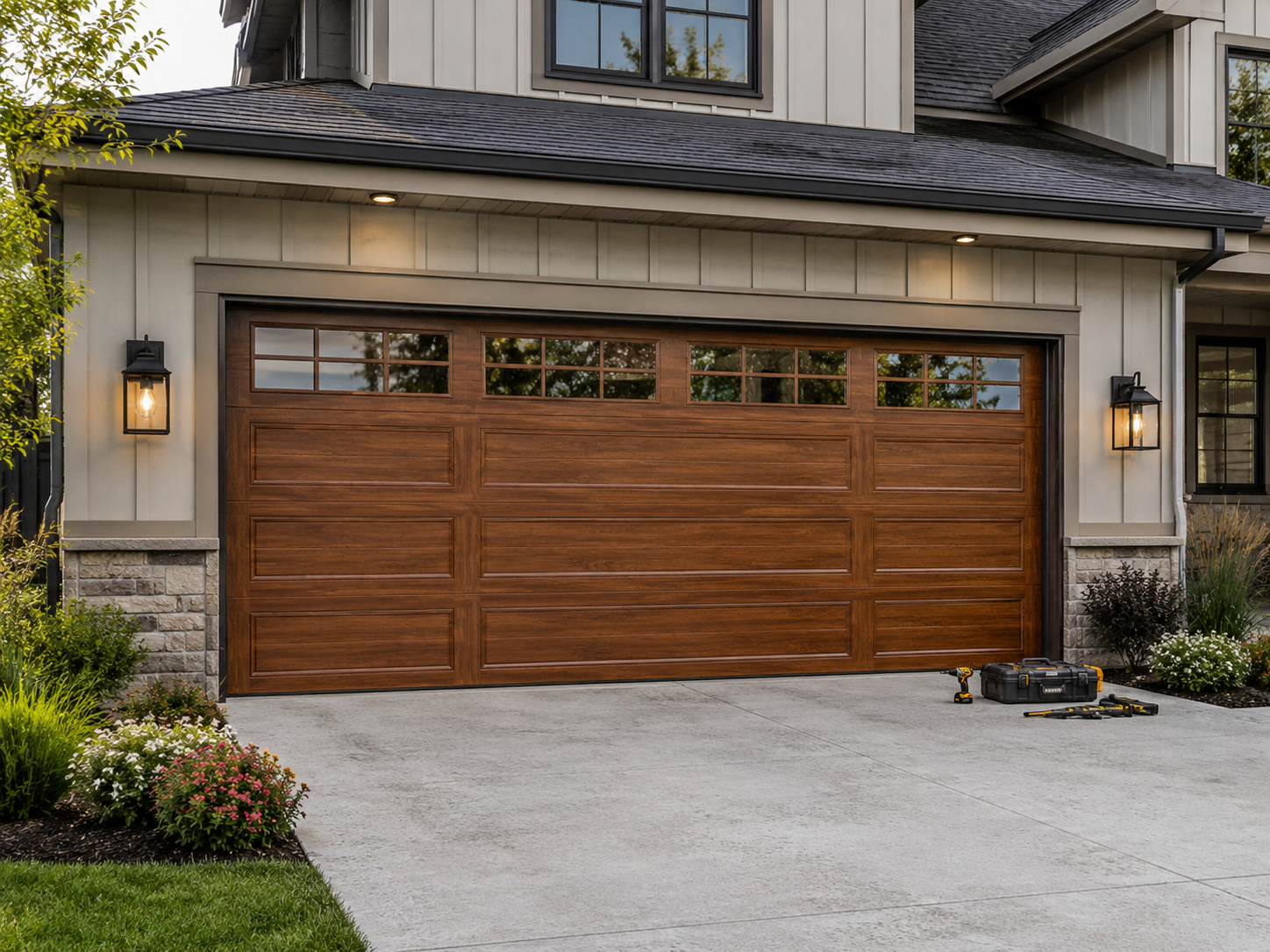 Modern house exterior with a wooden garage door, stone facade, and concrete driveway