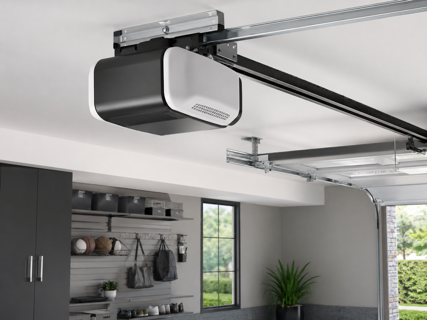 Modern garage with overhead sectional garage door opener on ceiling