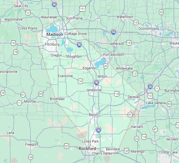 Map showing the Madison and Milwaukee area in Wisconsin with highways and city labels.