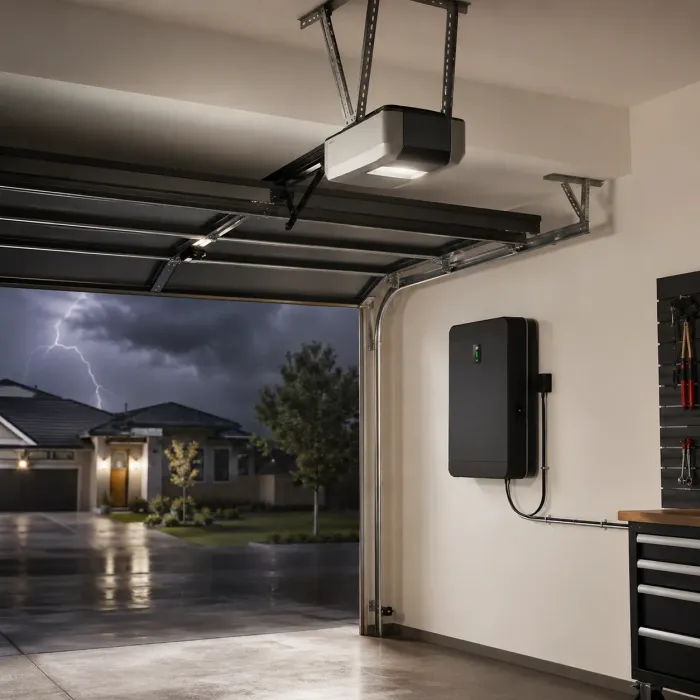 Battery backup garage door opener system operating during a storm