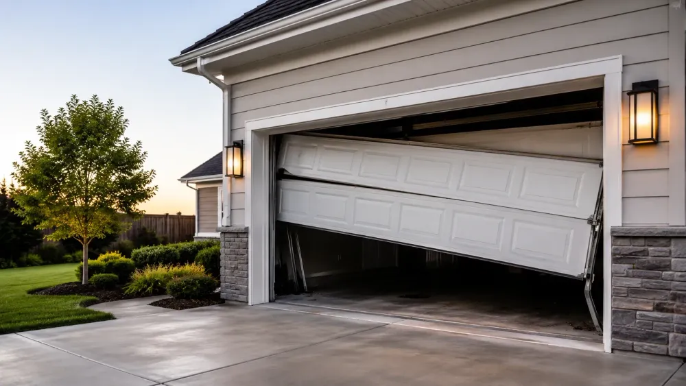Damaged residential garage door needing repair at a home garage 