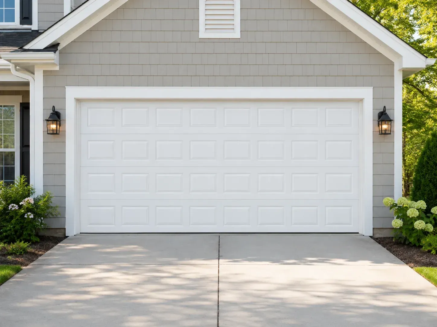 Raised panel insulated garage door on a residential home exterior