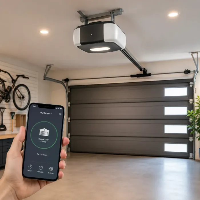 Smart garage door opener system controlled by a mobile phone app